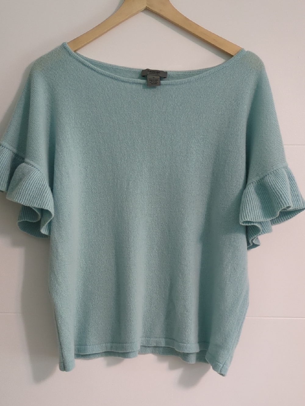 PremiseCashmere Short Ruffled Sleeves Baby Blue Sweater Sz M Minimalist Feminine